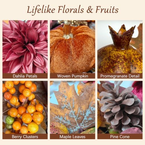Thanksgiving Harvest Garland 6FT, Dahlia Pumpkin Pomegranate Berries Maple Leaves Grapevine with LED Lights, Fall Farmhouse Mantle Decor and Autumn Fireplace Table Centerpiece - Image 3