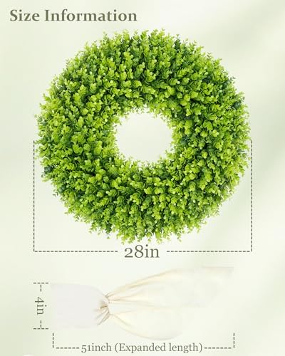 DDHS 28 inch Boxwood Wreath, Artificial Large Spring Wreaths for Front Door with Yellow Sash can DIY Shaped, Summer Wreaths for Hanging in the Shop, Farmhouse, Roof Green Everyday Wreath Home Decor - Image 2
