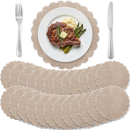 Set of 24 Linen Boho Cotton Placemats 15" Round Scalloped White by Gandeer