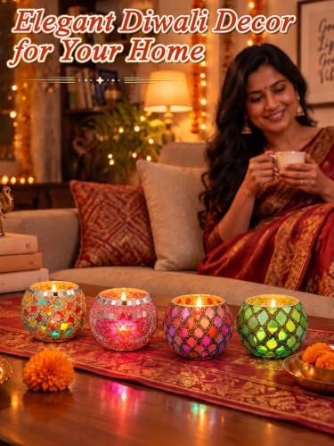 Diwali Decorations for Home, 3.1" Opening Mosaic Glass Candle Holder, 4Pcs - Image 3