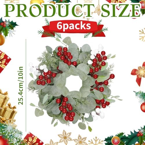 6 Pcs Christmas Artificial Christmas Eucalyptus 10 Inch Greenery Wreath for Front Door Cabinets Indoor Outdoor Wall Decor Christmas Wall Home Kitchen Porch Window Decoration - Image 2