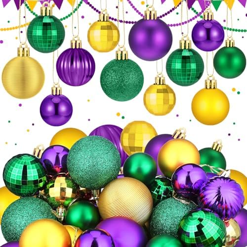 Lunmon 64 Pcs Mardi Gras Christmas Ornaments Purple Yellow Green Xmas Bulbs by Lunmon