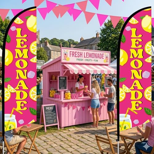 HunnmingRe 2 Set 11ft Pink Lemonade Feather Flag Kit, Large Advertising Swooper Flag Banner with Aluminum & Fiberglass Poles and Ground Stakes, High-visibility Outdoor Sign for Business, Store - Image 6