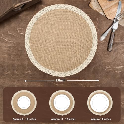 Round Burlap Placemats Set of 12 Jute Rustic Place Mats for Dining Tables Heat Resistant Natural Farmhouse Table Mats Decor for Thanksgiving (Brown lace) - Image 2