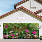 7x16FT Spring Summer Flower Fence Tropical Flowers Garage Door Banner Summer Tropical Leaves Garage Door Cover Decoration - Image 2