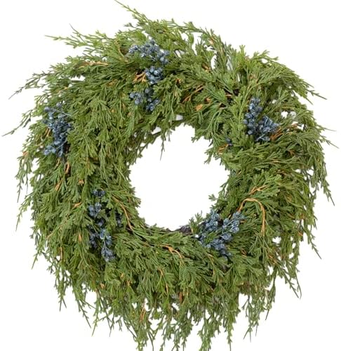 16" Spring Wreaths for Front Door, Artificial Greenery Wreath with Blueberry, Green Norfolk Pine and Cedar for Wall, Porch, or Indoor Outdoor Decor, Real Touch Cedar Foliage by Fuxdre