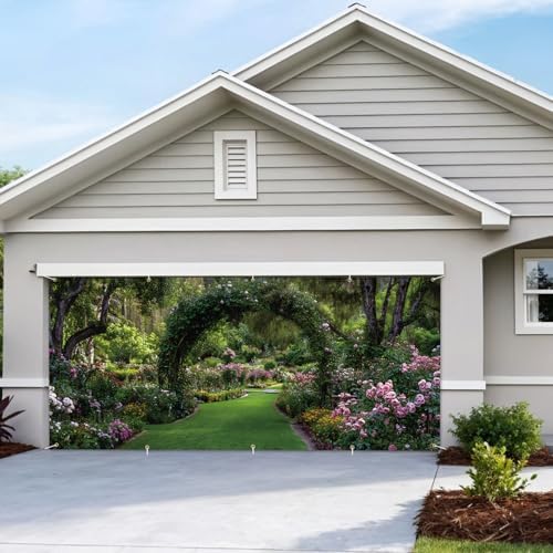 7 * 16FT Summer Garage Door Cover Decorations Sunset Palm Trees Garage Door Banner for Outdoor Indoor Summer Party Photography Backdrop (Green leaf arch, 7 * 16 ft) - Image 7