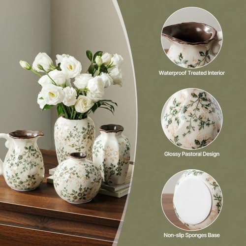 Ceramic Flower Small Vase for Home Decor, Vintage Green Mini Vase Set of 4 - Image 5