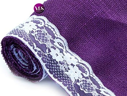 VDS Pack of 15, Burlap Table Runner with White Lace Edge, 100% Natural Jute Rustic Hessian Table Cloth Centerpiece for Wedding Birthday Party Banquet Table Decoration (Size 12X108 Inch)(Purple) - Image 5