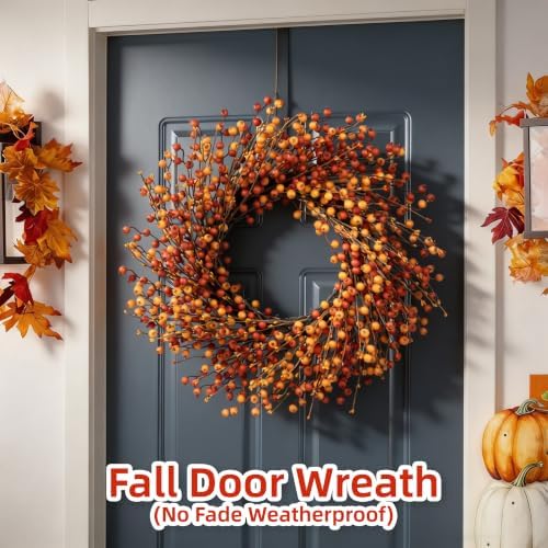 24" Berry Fall Wreath for Front Door, Orange/Yellow Autumn Harvest Wreath - Image 4