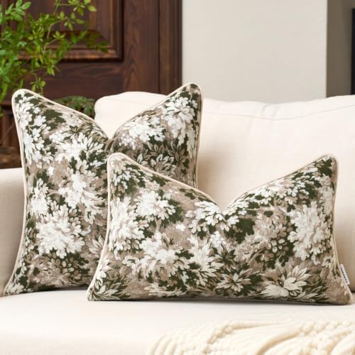 FANAMI Vintage Floral Throw Pillow Covers 18x18 Set of 2 Boho Farmhouse Accent Pillowcase Neutral Modern Chenille Square Decorative Cushion Covers for Couch Sofa Bed Living Room Home Decor, Green - Image 4