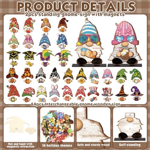 68 Pcs Seasonal Interchangeable Wooden Gnome Decor Farmhouse Holiday 2 Pcs Gnome Standing Centerpieces Decoration with 2 Wooden Bases 64 Detachable Hats Magnet Pieces for DIY Holiday Decorations - Image 3