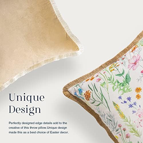 Phantoscope Pack of 2 Happy Easter Throw Pillow Covers - Tassel Trimmed Printed Colorful Flowers and Rabbits Spring Farmhouse Decorative Easter Pillows, Beige, 18x18 Inches - Image 4