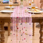 Pink Floral Table Runner Embroidery Daisy Spring Seasonal Table Linens by QueenDream