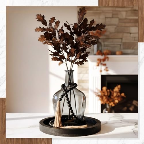 3 Pcs Rustic Country Tabletop Centerpieces, Boho Clear Tall Glass Vases Decor Wooden Serving Tray Wood Bead Garland with Tassels for Wedding Living Room Home Table Holder (Black) - Image 5