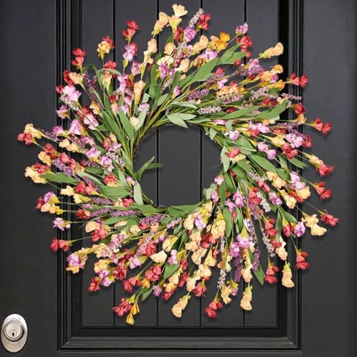 24" Spring Wreaths for Front Door Not Withering Artificial Floral Wreath with Wildflowers Summer Decorations for Indoor Outdoor Window Wall Farmhouse Porch Easter Home Decor Red Orange Purple by MSMUH