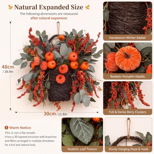 Norme Fall Basket Wreath for Front Door 19 in Autumn Pumpkin Harvest Wreath - Image 2