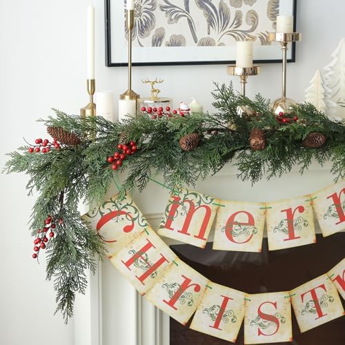 MIZII Christmas Garlands 6FT Artificial Pine Garland with Pinecone Berries Greenery Garland Christmas Decorations for Xmas Fireplace Mantle Home Decor Indoor Outdoor (Garland-6FT) - Image 3