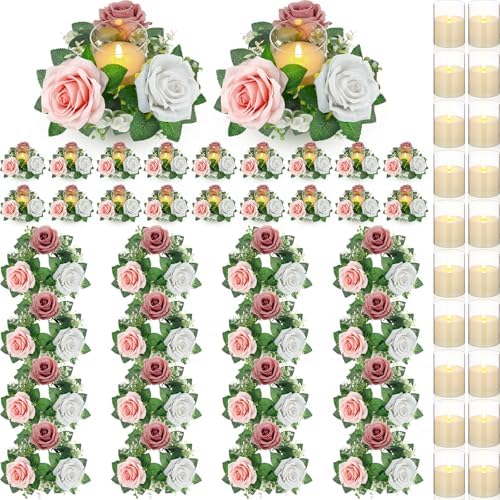 Yunlly 20 Pcs Rose Candle Rings with Candles Sets, Pink, White by Yunlly