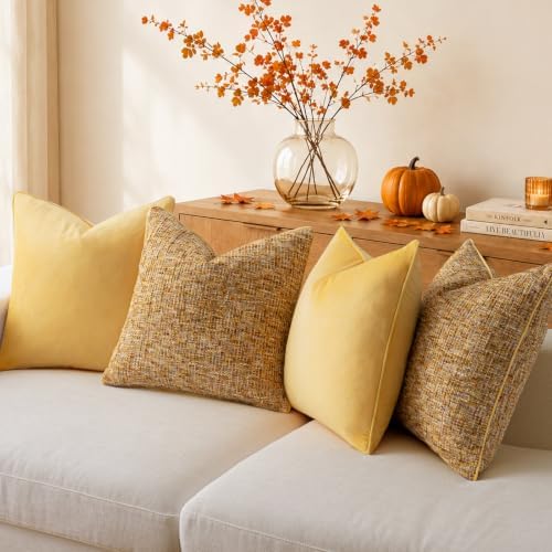 a moment Bright Yellow 4 Pack Throw Pillow Covers - Chenille & Velvet Set with Piping, Farmhouse Textured Design Pillow Cases for Couch Sofa Bed Livingroom (16x16 Inch, No Insert) - Image 2