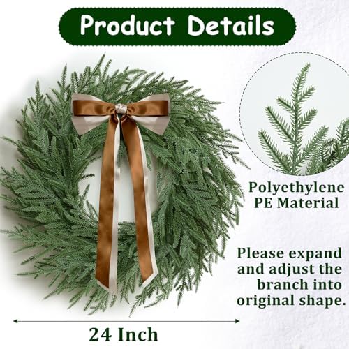 Christmas Decorations -24 Inch Christmas Wreath, Norfolk Pine Wreath, Christmas Wreaths for Front Door, Christmas Door Wreath with Bow Ribbon for Home Table Wall Window Indoor Outdoor - Image 5