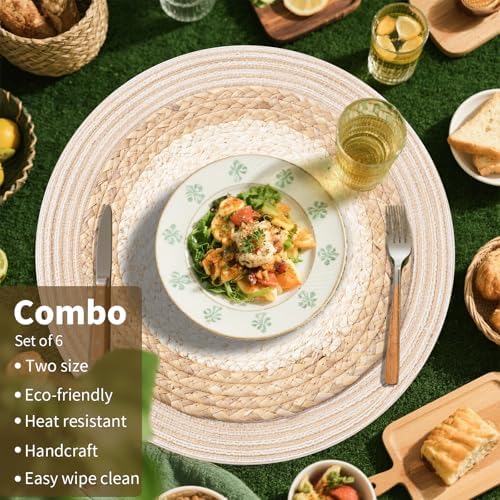 Handmade Round Boho Placemats Set of 6 | Natural Woven & Polyester Braided Combo Table Mats | 12-Piece Versatile Place Mats | Simple Rustic Farmhouse Style Dining Table Decor, Beige - Image 4