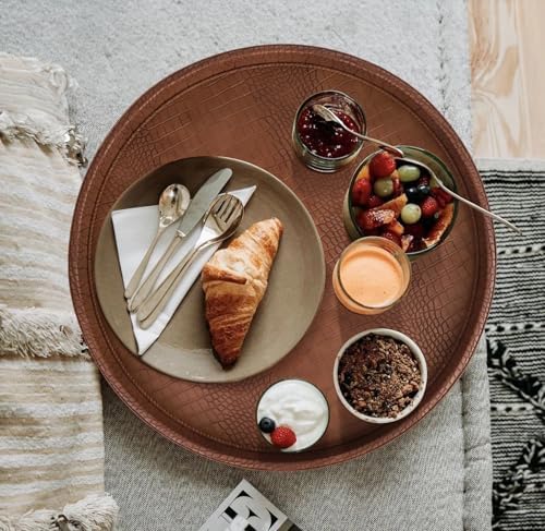 HofferRuffer Round Serving Tray 20'', Elegant Faux Leather Circle Ottoman Table Tray, Serve Tea Coffee Breakfast in Bedroom Living Room Kitchen (Brown) - Image 4