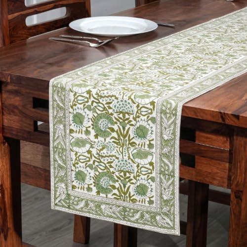 CPC Agate Green Block Print Cotton Table Runner 16x106 Inch Long Runner by COTTONPRINTCLUB