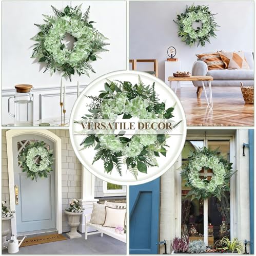 26 Inch Hydrangea Summer Wreaths for Front Door, Green Hydrangea Wreath - Image 3