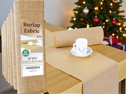 MDS® Pack of 25 Natural Burlap Table Runner, 12 x 72 Inch, Jute Vintage Rustic Farmhouse Boho Table Decor for Wedding Reception, Dining Table, Bridal Shower, Baby Shower & Holiday Party Decorations by MDS