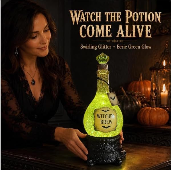 Lighted Witches Brew Poison Bottle Glitter Globe, Green Light Up Halloween Apothecary Decoration with Swirling Glitter Effect Spooky Witchy Tabletop Decor for Mantel Shelf Party Home Office，2Pcs - Image 3