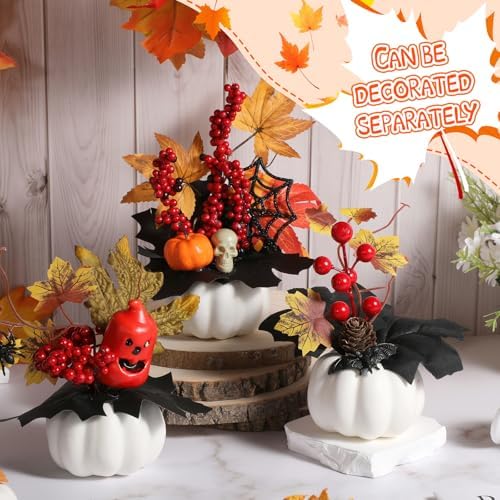 Yalikop 4 Pcs Pumpkin Table Centerpiece for Thanksgiving Decoration Mini Wood Tray with Artificial Fall Maple LED Light Skull Decor for Autumn Harvest Thanksgiving Party Supplies(White) - Image 5