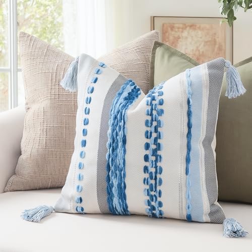 PANOD Chenille Farmhouse Throw Pillow Covers 18 x 18 Blue, Neutral Boucle Couch Pillow Cover, Striped Decorative Boho Coushion Cover Pillow Case for Couch Bed Sofa Bedroom,Modern Accent,Set of 2 - Image 5
