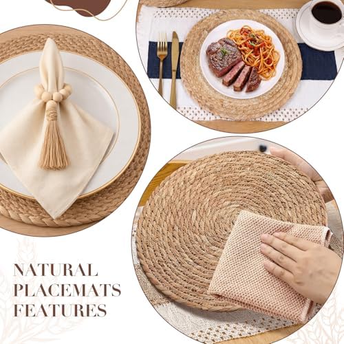 4 Sets Blue Kitchen Decor,Table Setting Decor with Round Woven,Rectangular,Wooden Bead Napkin Rings,Cloth Napkins,Table Runner & Storage Basket,Natural Burlap Cotton for Kitchen Dining Table Home - Image 4