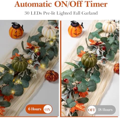 6FT Lighted Handcrafted Fall Garland, 30 LED Lights & 8-Mode Auto Timer - Image 5