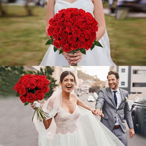 Sggvecsy 50 Pcs Artificial Roses Red Flowers Fake Velvet Silk Roses with Stems Bulk Realistic Faux Flowers for Bridal Bouquets Wedding Centerpieces Valentines Day DIY Home Party Decor (Red) - Image 2