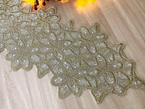 Enliven Handmade Table Runner, Beaded Table Runner, Gold and Clear Silver Bead Runner, 12.5x34.5inch - Image 2