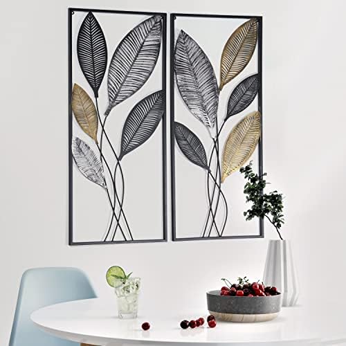 Metal Wall Decor Set of 2, Leaf Art Wall Hanging Home Decor with Frame, Tree of Life Accent Home Decor, Metal Wall Decoration Sculptures for Living Room, Office, Home, Hotel, Indoor, 14" W x 35" H - Image 2