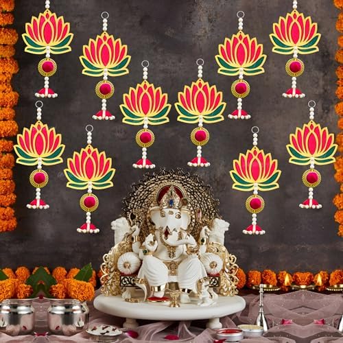 Divyakosh Pink & Green Lotus Hangings with Jhumki for Decoration, Pack of 10 | Door/Wall Decor, Mandir Pooja Room, Temple Decor, Export Quality | Size - 8 Inches | by Divyakosh