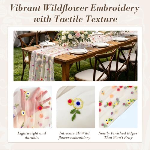 Champagne Floral Table Runner ,4Pack 10ft Embroidered Flower Tulle for Wedding Reception, Boho Wildflower Daisy Table Decor for Spring Party - Image 3