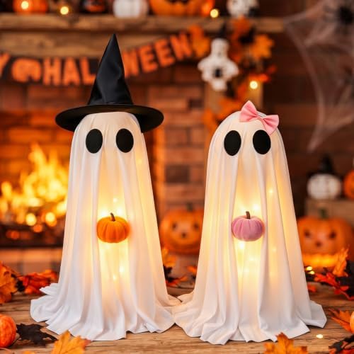 Halloween Decorations Indoor 2 Pack - Cute Light Up Spooky Ghost Outdoor Decor, Lighted Halloween Ghost with Witch Hat & Pumpkin for Table Mantal Entryway Fireplace Porch Party Home Yard Centerpiece by ChamBay