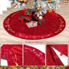 QOUBAI 36inch Christmas Tree Skirt Red Luxury Velvet Plush Fur Skirts with Gold Embroidery Xmas Velvet Tree Skirt Holly Leaves Gold Embroidered Tree Skirt for Christmas Holiday Party Decorations - Image 3