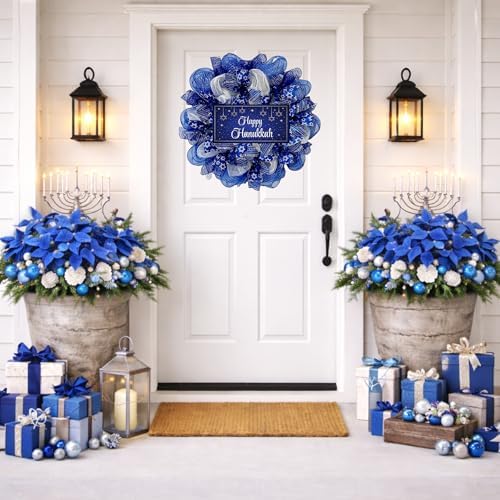Happy Hanukkah Wreath with Star of David Ribbons Handmade Deco Mesh Available in 24 inch Diameter or 28 inch Diameter - Image 2