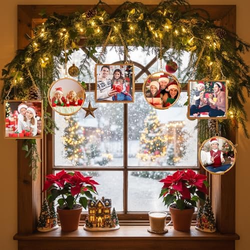 Qunclay 6 Pcs 3.2” Christmas Brass Picture Frame Ornaments Square Round Christmas Metal Double Glass Hanging Photo Frame with Metal Chain for Xmas Tree Decorations(Gold) - Image 6