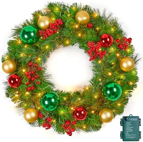 Minetom 24Inch Pre-Lit Christmas Wreath 24Inch, Christmas Door Decorations Wreath with 50LED Warm Lights by Minetom