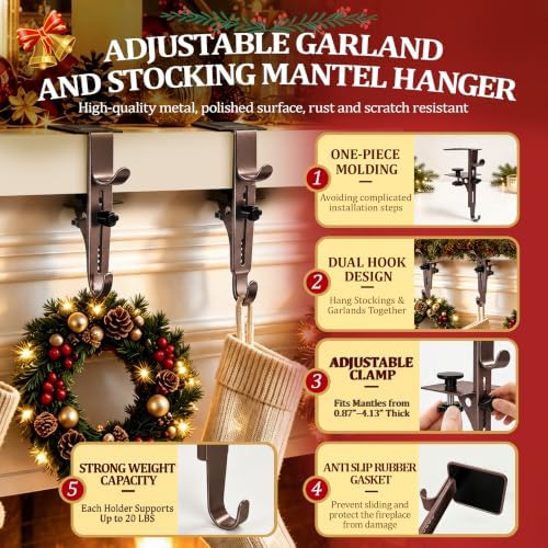 6Pcs Christmas Fireplace Stocking and Garland Hanger Fits 0.87-4.1" Mantle - Image 4