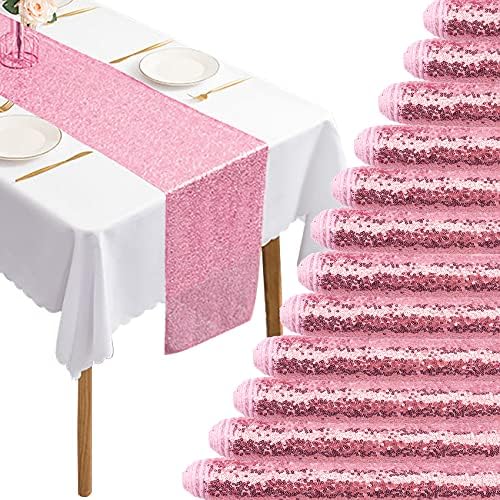 12 Packs 12 X 72 Inch Pink Sequin Table Runner Glitter Dining Table Runner for Birthday Wedding Engagement Bridal Baby Shower Bachelorette Holiday Celebration Party Supplies Decorations (Pink) by Fivenl