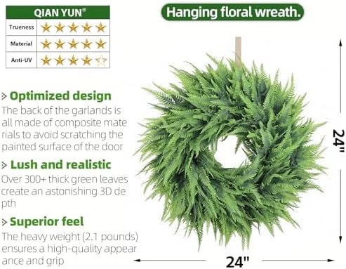 24" Spring Summer Persian Leaf Wreath for Front Door – Lush Green Artificial Wreath for Home, Porch & Wall Decor (Green, 24 Inch) - Image 3