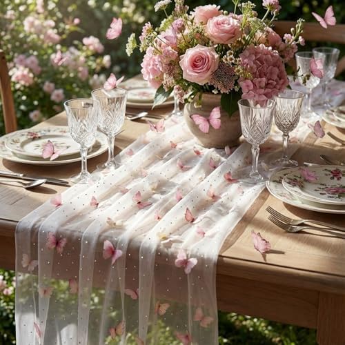 Remagr 2 Pcs 9.8 Ft Butterfly Table Runner Embroidery Tulle Wedding Decor by Remagr