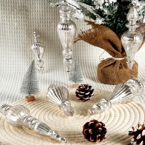 Mercury Glass Christmas Ornaments, Vintage Finial Decoration, Silver, 12-Pc - Image 2